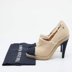 Chanel Beige/Black Canvas CC Cap Toe Espadrille Booties Size 38