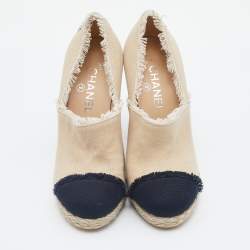 Chanel Beige/Black Canvas CC Cap Toe Espadrille Booties Size 38
