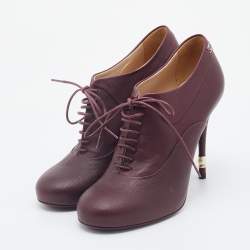 Chanel Burgundy Leather CC Lace Up Booties Size 38