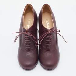 Chanel Burgundy Leather CC Lace Up Booties Size 38