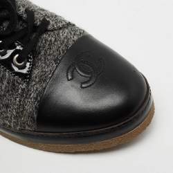 Pre Owned حذاء رياضي شانيل سي سي جلد وتويد أسود/رصاصي بعنق طويل مقاس 39