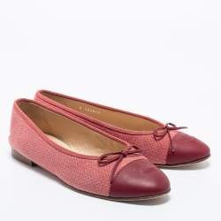 Chanel Pink/Burgundy Tweed and Leather CC Cap Toe Bow Ballet Flats Size 40