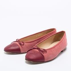 Chanel Pink/Burgundy Tweed and Leather CC Cap Toe Bow Ballet Flats Size 40