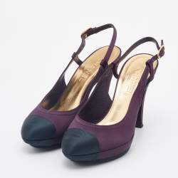 Chanel Purple/Black Satin CC Cap Toe Slingbacks Sandals Size 38