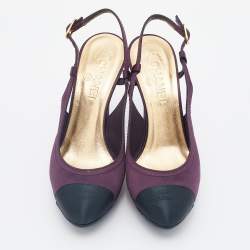 Chanel Purple/Black Satin CC Cap Toe Slingbacks Sandals Size 38
