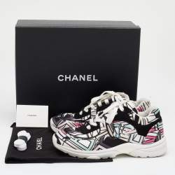Pre Owned Chanel Multicolor Abstract Print Satin And Suede CC Logo Trainer Low Top Sneakers Size 37