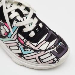 Pre Owned Chanel Multicolor Abstract Print Satin And Suede CC Logo Trainer Low Top Sneakers Size 37