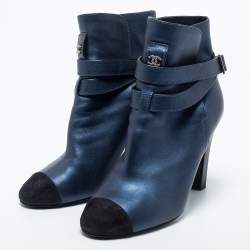 Chanel Navy Blue/Black Suede And Leather Ankle  Boots Size 41