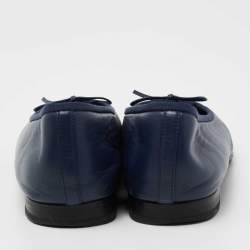 Pre Owned Chanel Navy Blue Leather CC Cap Toe Bow Ballet Flats Size 39