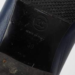 Pre Owned Chanel Navy Blue Leather CC Cap Toe Bow Ballet Flats Size 39