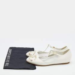 Pre Owned Chanel White Leather CC Embellished T Strap Ballet Flats Size 38