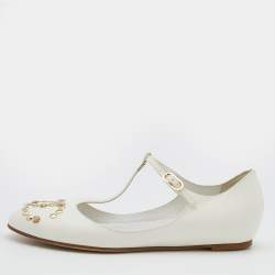 Pre Owned Chanel White Leather CC Embellished T Strap Ballet Flats Size 38