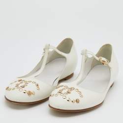 Pre Owned Chanel White Leather CC Embellished T Strap Ballet Flats Size 38
