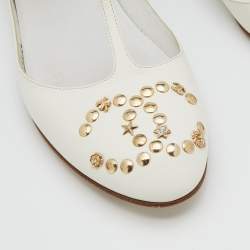 Pre Owned Chanel White Leather CC Embellished T Strap Ballet Flats Size 38
