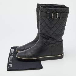Pre Owned Chanel Black Quilted Leather Mid Calf Length Boots Size 37.5