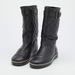Pre Owned Chanel Black Quilted Leather Mid Calf Length Boots Size 37.5