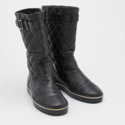 Pre Owned Chanel Black Quilted Leather Mid Calf Length Boots Size 37.5