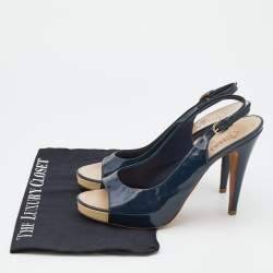 Chanel Navy Blue Patent Leather CC Open Toe Platform Slingback Sandals Size 41.5