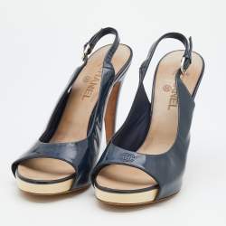 Chanel Navy Blue Patent Leather CC Open Toe Platform Slingback Sandals Size 41.5