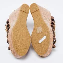 Pre Owned Chanel  Brown Leather CC Chain Link Straps Cork Platform Wedges  Sandals Size 37