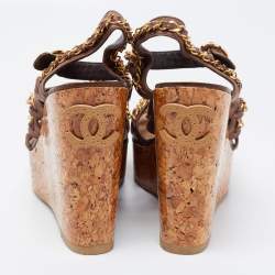 Pre Owned Chanel  Brown Leather CC Chain Link Straps Cork Platform Wedges  Sandals Size 37