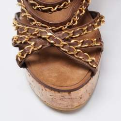 Pre Owned Chanel  Brown Leather CC Chain Link Straps Cork Platform Wedges  Sandals Size 37