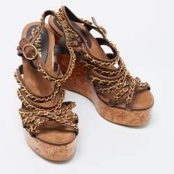 Pre Owned Chanel  Brown Leather CC Chain Link Straps Cork Platform Wedges  Sandals Size 37
