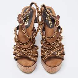 Pre Owned Chanel  Brown Leather CC Chain Link Straps Cork Platform Wedges  Sandals Size 37