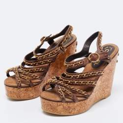 Pre Owned Chanel  Brown Leather CC Chain Link Straps Cork Platform Wedges  Sandals Size 37