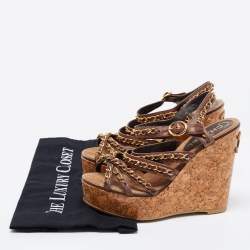 Pre Owned Chanel  Brown Leather CC Chain Link Straps Cork Platform Wedges  Sandals Size 37
