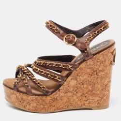 Pre Owned Chanel  Brown Leather CC Chain Link Straps Cork Platform Wedges  Sandals Size 37