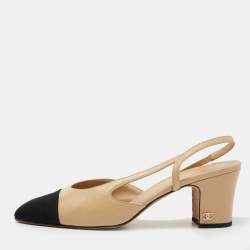 Chanel Beige/Black Leather and Fabric Cap-Toe CC Slingback D'orsay