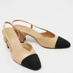 مملوكة مسبقًا Chanel Beige/Black Leather and Fabric Cap-Toe CC Slingback D'orsay Pumps Size 39.5