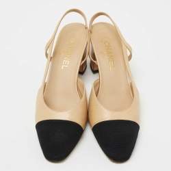 مملوكة مسبقًا Chanel Beige/Black Leather and Fabric Cap-Toe CC Slingback D'orsay Pumps Size 39.5