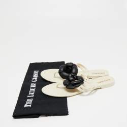 Pre Owned Chanel Cream/Black Jelly Camellia Thong Flats Size 38