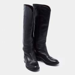 Chanel Black Leather Interlocking CC Logo Riding Midcalf Boots Size 36