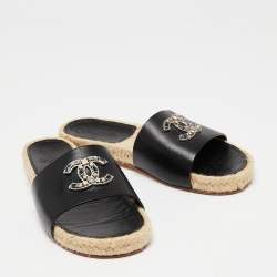 Pre Owned Chanel Black Leather Embellished CC Flat Espadrille Slide Flats Size 40