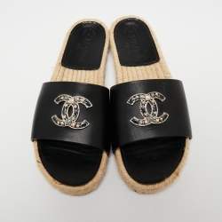 Pre Owned Chanel Black Leather Embellished CC Flat Espadrille Slide Flats Size 40
