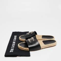 Pre Owned Chanel Black Leather Embellished CC Flat Espadrille Slide Flats Size 40