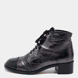 Chanel Dark Grey/Black Leather Cap Toe Lace Up Ankle Length Boots Size 37.5