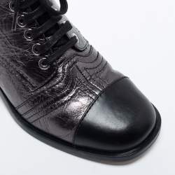 Chanel Dark Grey/Black Leather Cap Toe Lace Up Ankle Length Boots Size 37.5