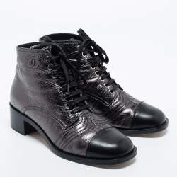 Chanel Dark Grey/Black Leather Cap Toe Lace Up Ankle Length Boots Size 37.5