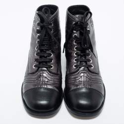 Chanel Dark Grey/Black Leather Cap Toe Lace Up Ankle Length Boots Size 37.5