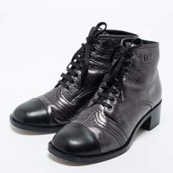 Chanel Dark Grey/Black Leather Cap Toe Lace Up Ankle Length Boots Size 37.5