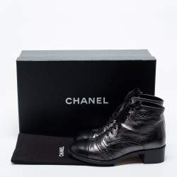 Chanel Dark Grey/Black Leather Cap Toe Lace Up Ankle Length Boots Size 37.5