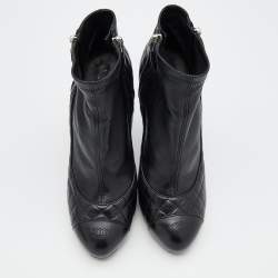 Chanel Black Quilted Leather CC Cap Toe Platform Ankle Length Boots Size 41