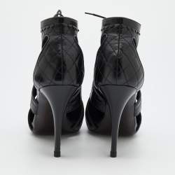 Pre Owned Chanel Black Quilted Leather CC Cap Toe Lace Up Booties Size 40.5