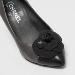 Pre Owned Chanel Grey/Black Leather CC Camelia Pumps Size 40