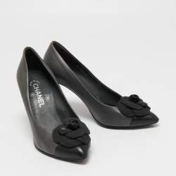 Pre Owned Chanel Grey/Black Leather CC Camelia Pumps Size 40