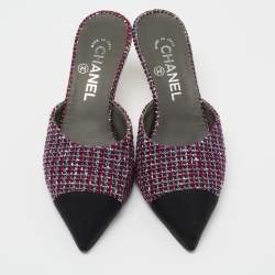 Pre Owned Chanel Multicolor Tweed And Canvas Mules Size 36